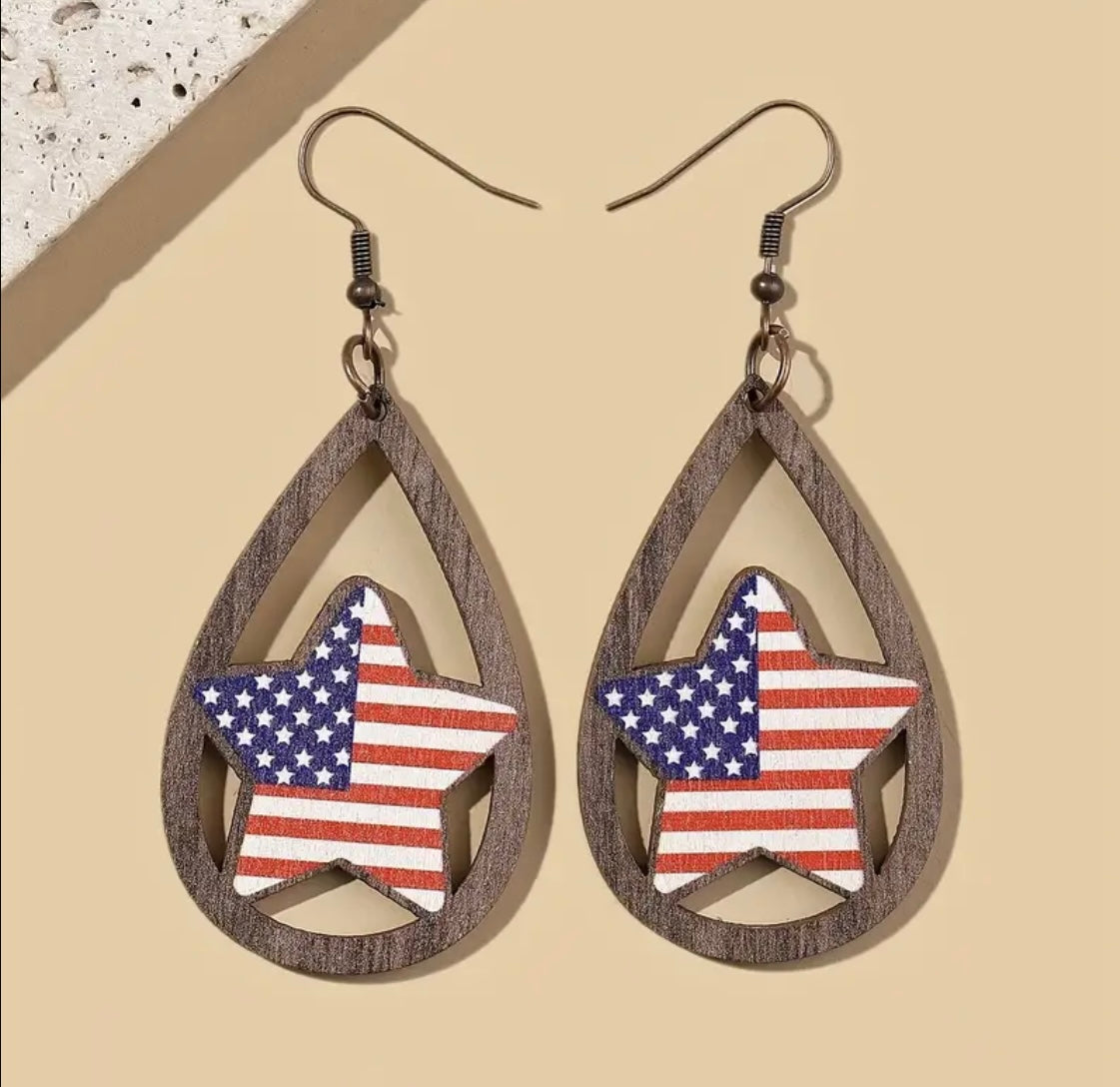 Beautiful American Flag Star Wood Earrings