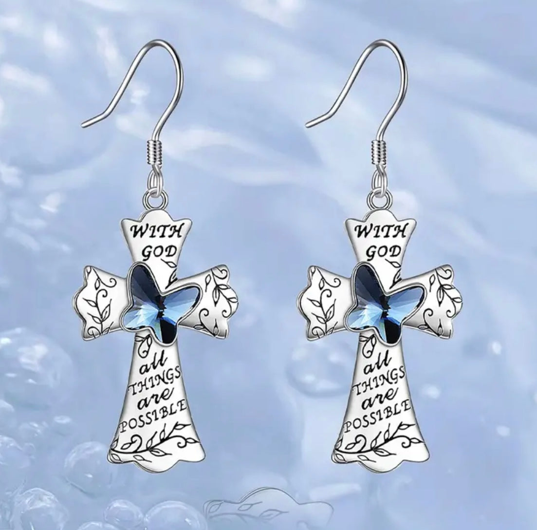 With God All Things Are Possible Cross Earrings