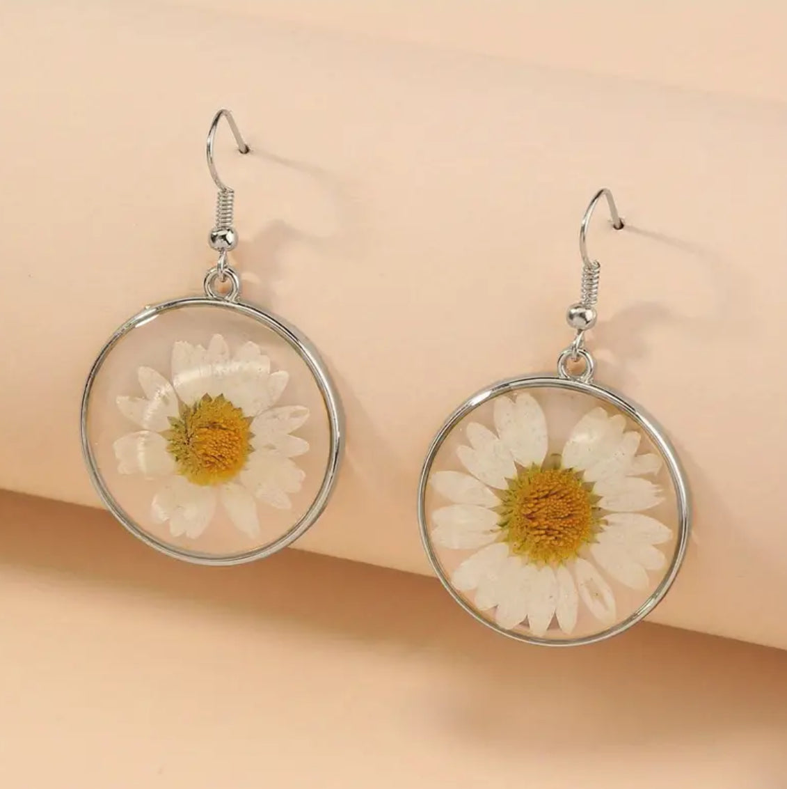 Beautiful White Chrysanthemum Circle Earrings- Gold or Silver