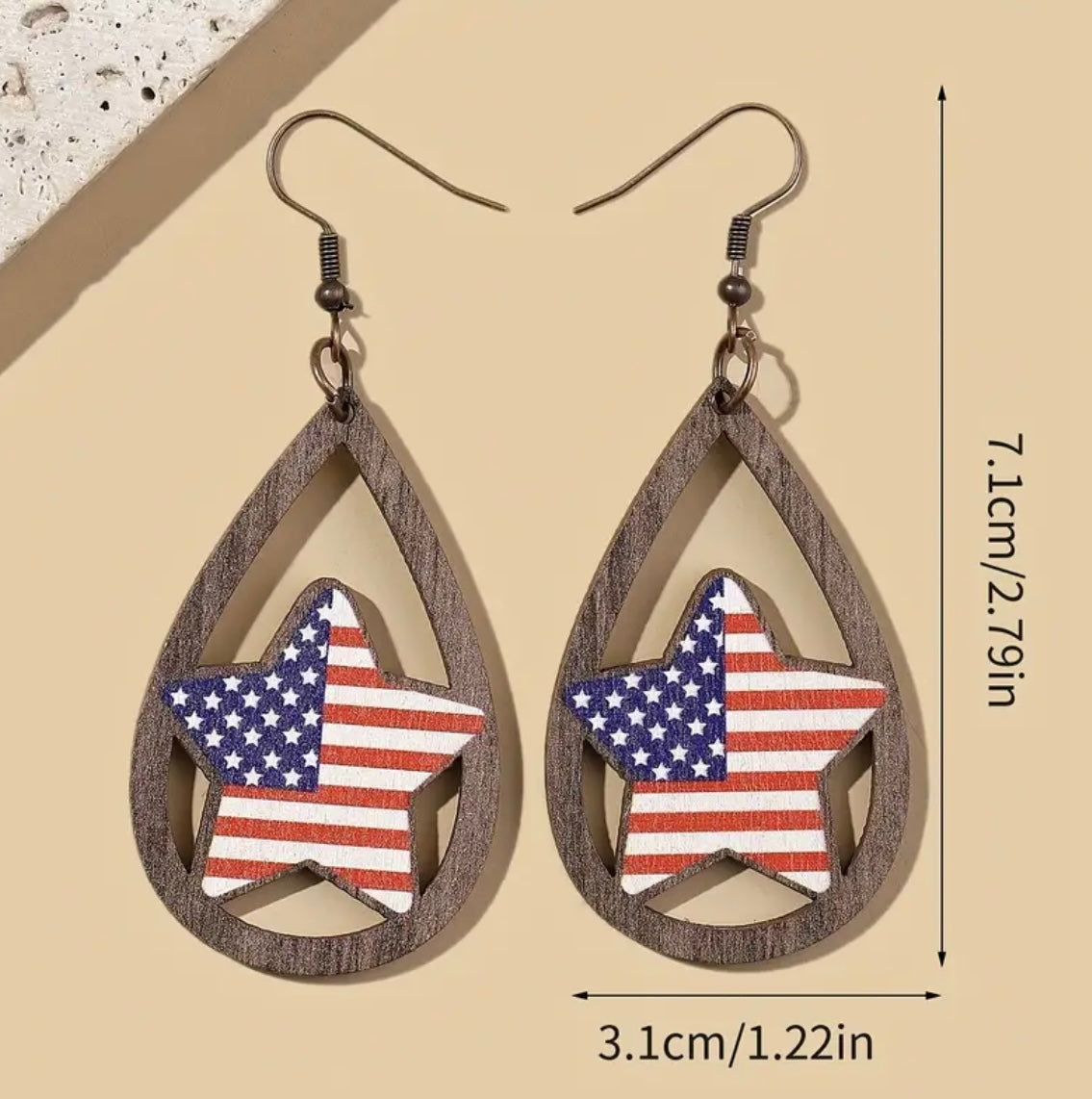 Beautiful American Flag Star Wood Earrings