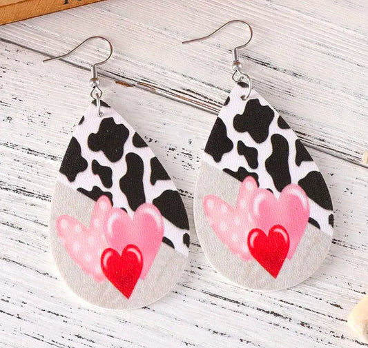 Beautiful Dangle Heart and Cow Print Earrings