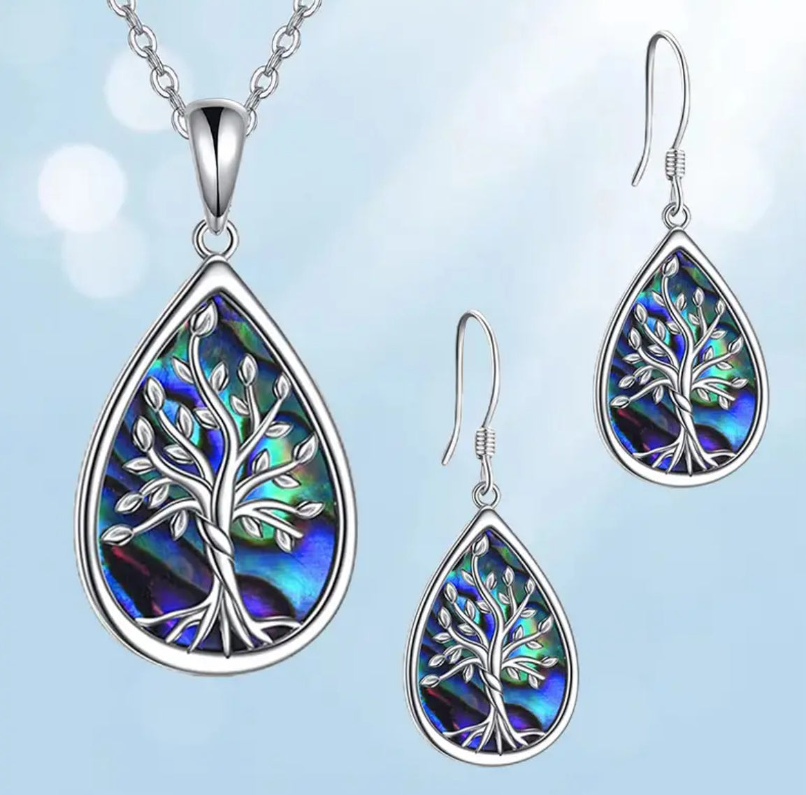 Tree Of Life Waterdrop Pendant Necklace And Earrings Set