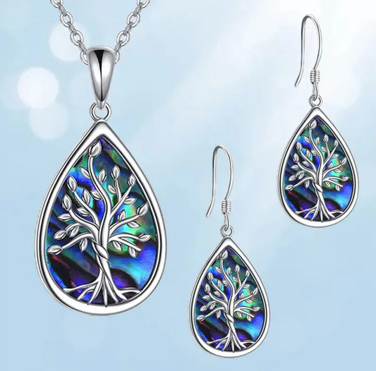 Tree Of Life Waterdrop Pendant Necklace And Earrings Set