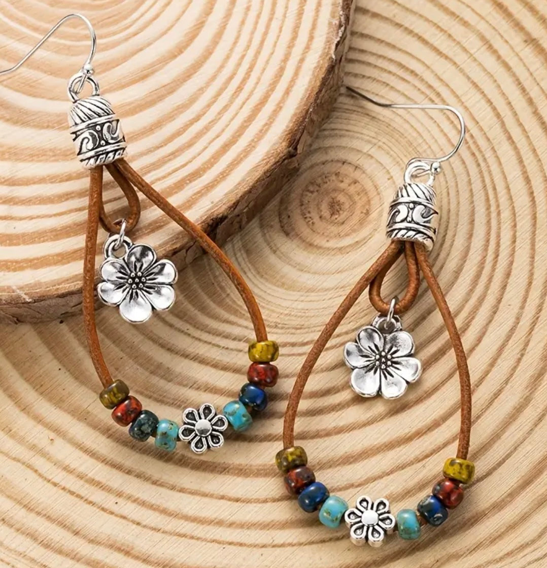Beautiful Boho Beaded Floral Silver-Plated Hoop Earrings