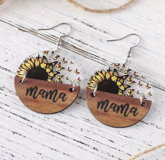 Mama Sunflower and Butterfly Wood Earrings