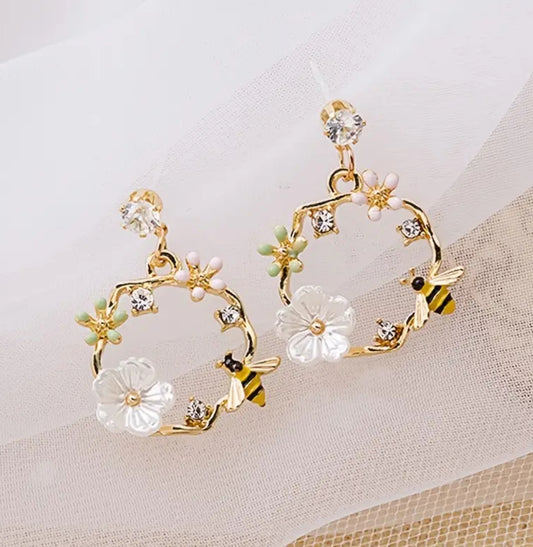 Flower & Bee Rhinestone Drop Earrings