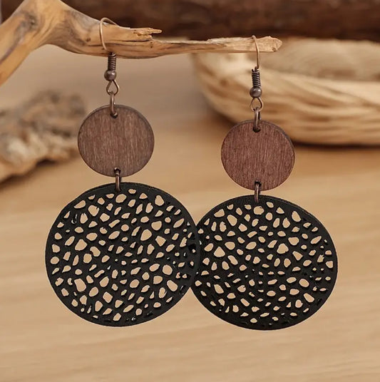 Beautiful Round Black Retro Bohemian Style Wooden Earrings