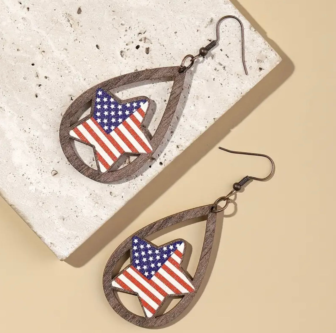 Beautiful American Flag Star Wood Earrings