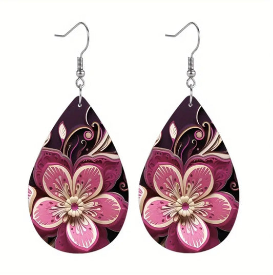 Beautiful Pink Flower Leather Earrings