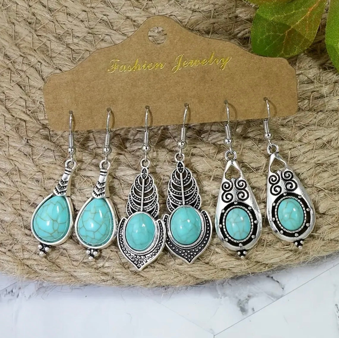 3 Pairs Turquoise Dangle Earrings