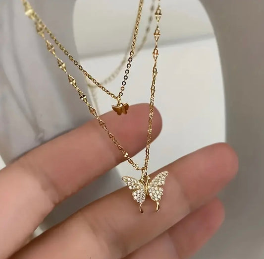 Beautiful Double Layer Butterfly Necklace- Silver and Gold