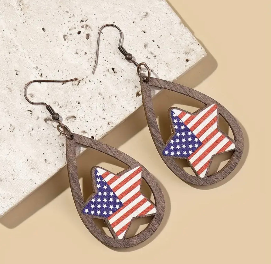 Beautiful American Flag Star Wood Earrings