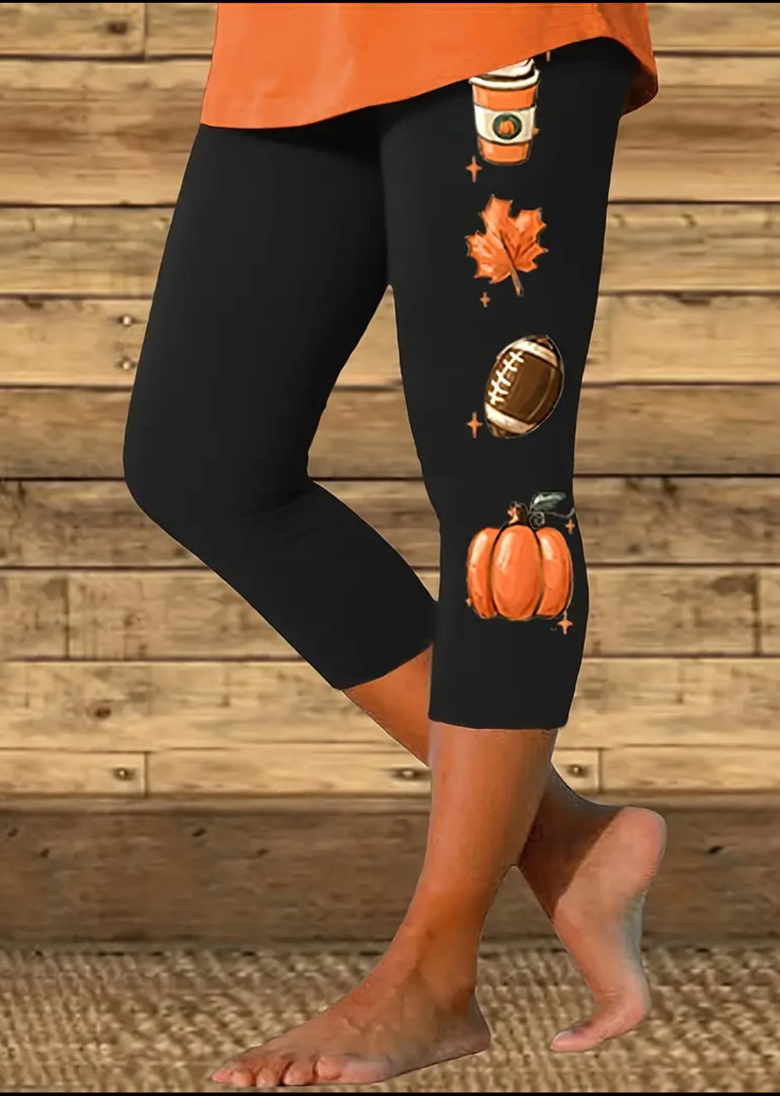 Vibrant Football & Pumpkin Print Skinny Cropped Leggings