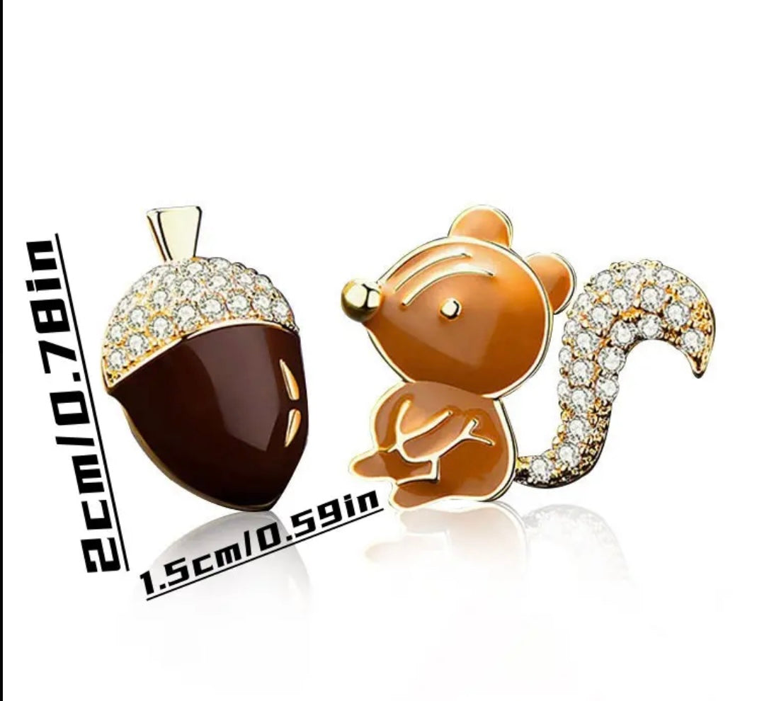 Adorable Squirrel and Acorn Stud Earrings with Sparkling Embellishments
