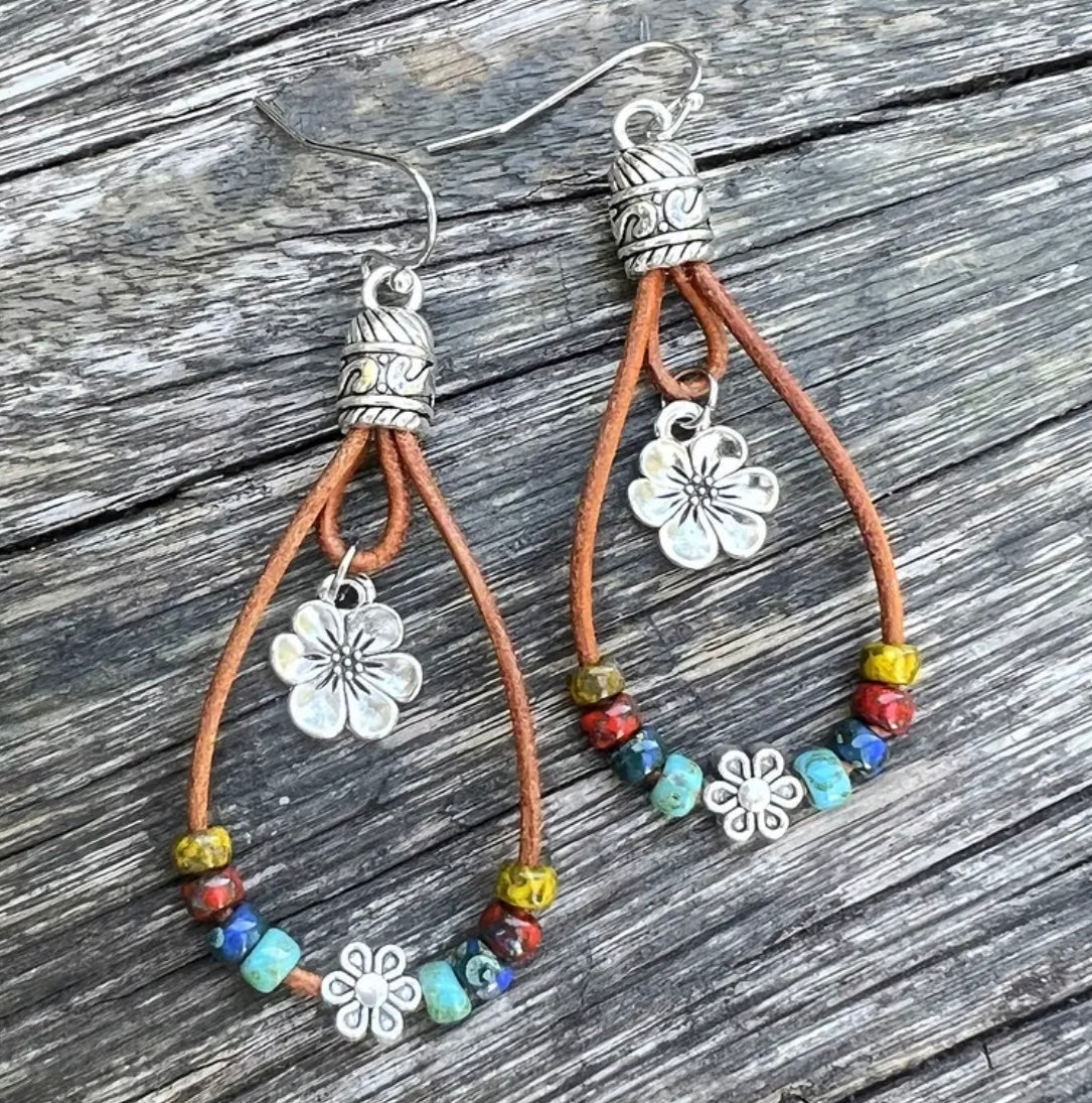Beautiful Boho Beaded Floral Silver-Plated Hoop Earrings