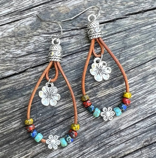Beautiful Boho Beaded Floral Silver-Plated Hoop Earrings