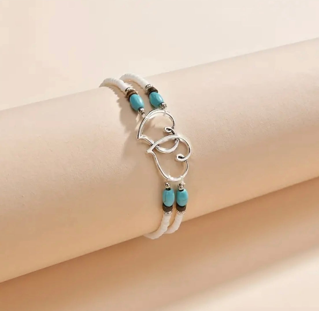 Elegant Boho Heart Charm Elasticated Ankle Bracelet- White or Black Beads