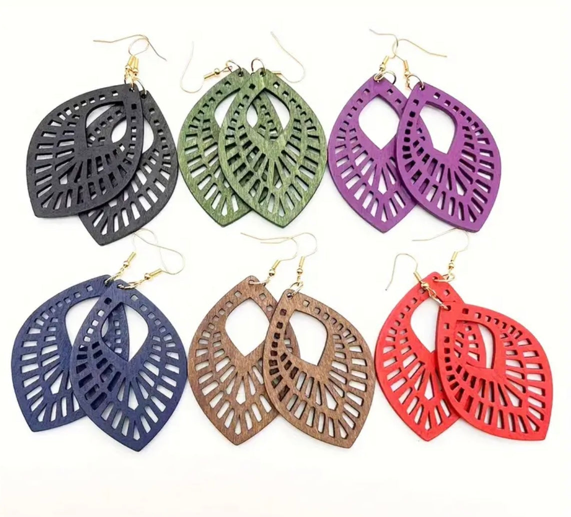 Colorful Leaf Shaped Wooden Dangle Earrings