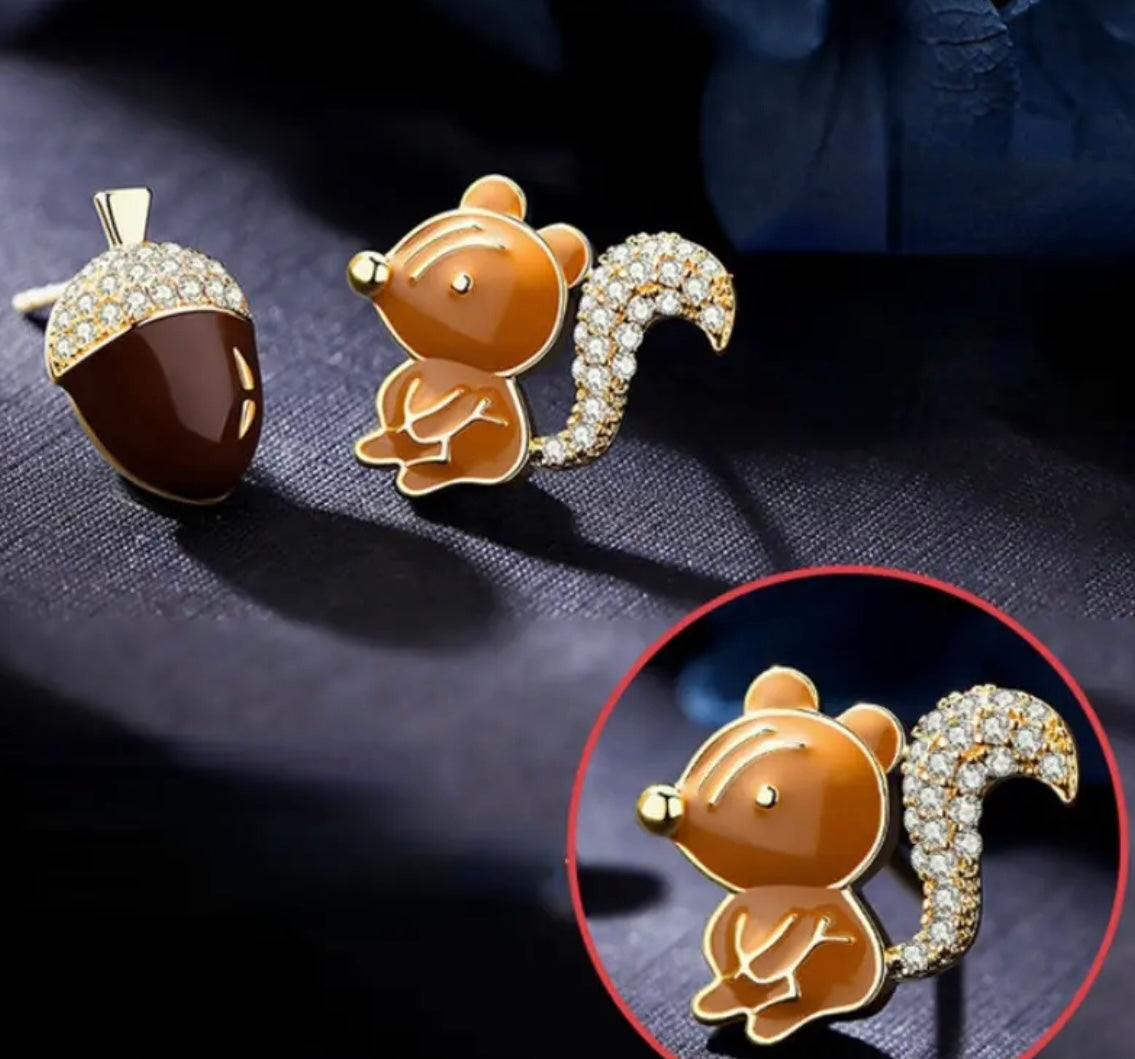 Adorable Squirrel and Acorn Stud Earrings with Sparkling Embellishments