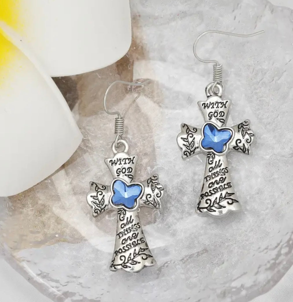 With God All Things Are Possible Cross Earrings