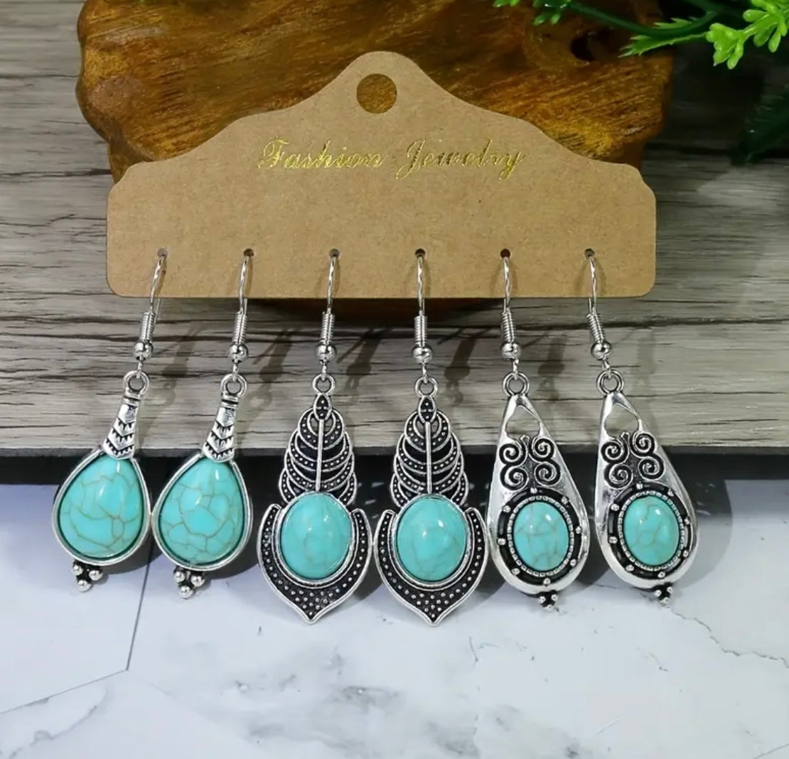 3 Pairs Turquoise Dangle Earrings