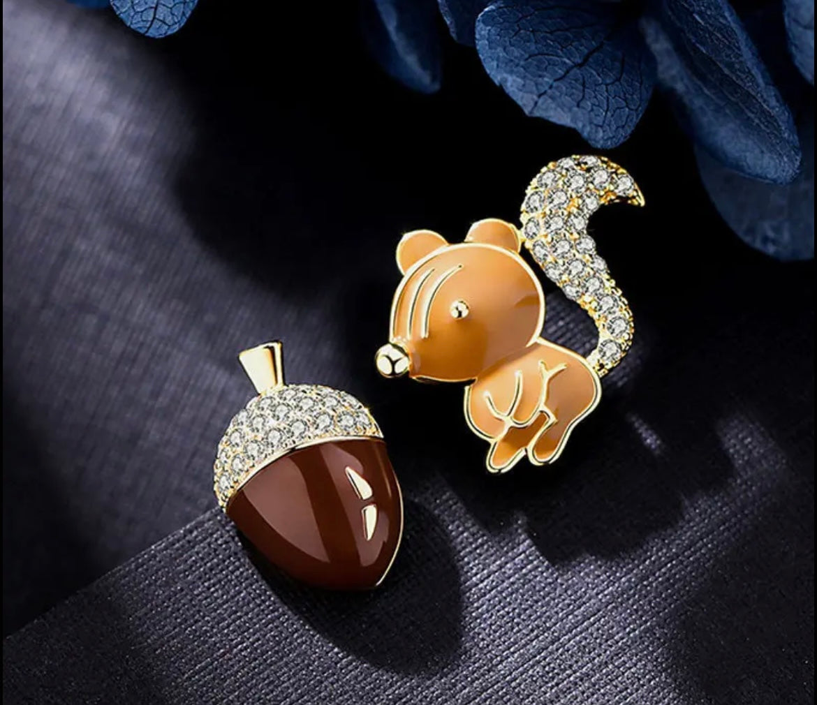 Adorable Squirrel and Acorn Stud Earrings with Sparkling Embellishments