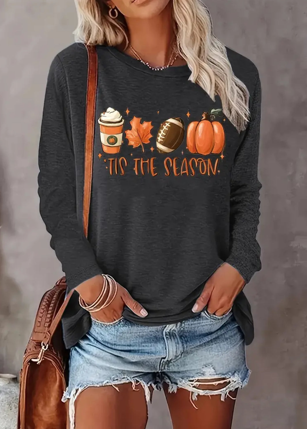‘Tis The Season- Pumpkin, Coffee, Leaf and Football Print Crew Neck Casual Long Sleeve Tee
