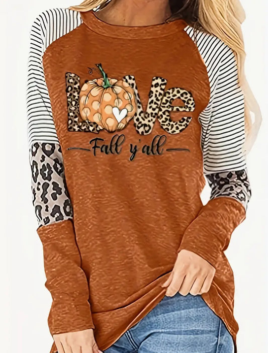 Love Fall Y’all - Pumpkin & Letter Print Crew Neck Long Sleeve T-Shirt