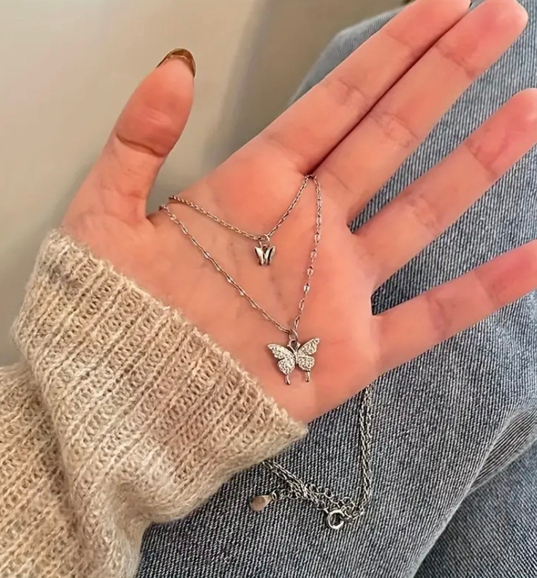 Beautiful Double Layer Butterfly Necklace- Silver and Gold