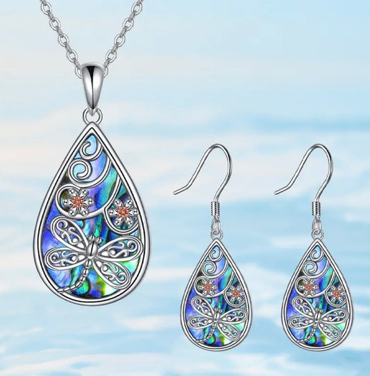 Beautiful Dragonfly With Flower Water Drop Necklace Earrings Set