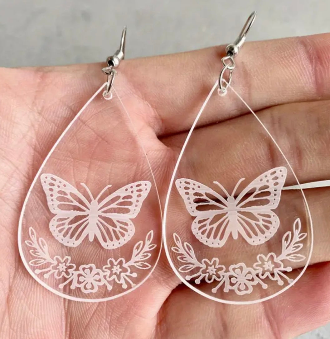 Beautiful White Butterfly and Flower Earrings