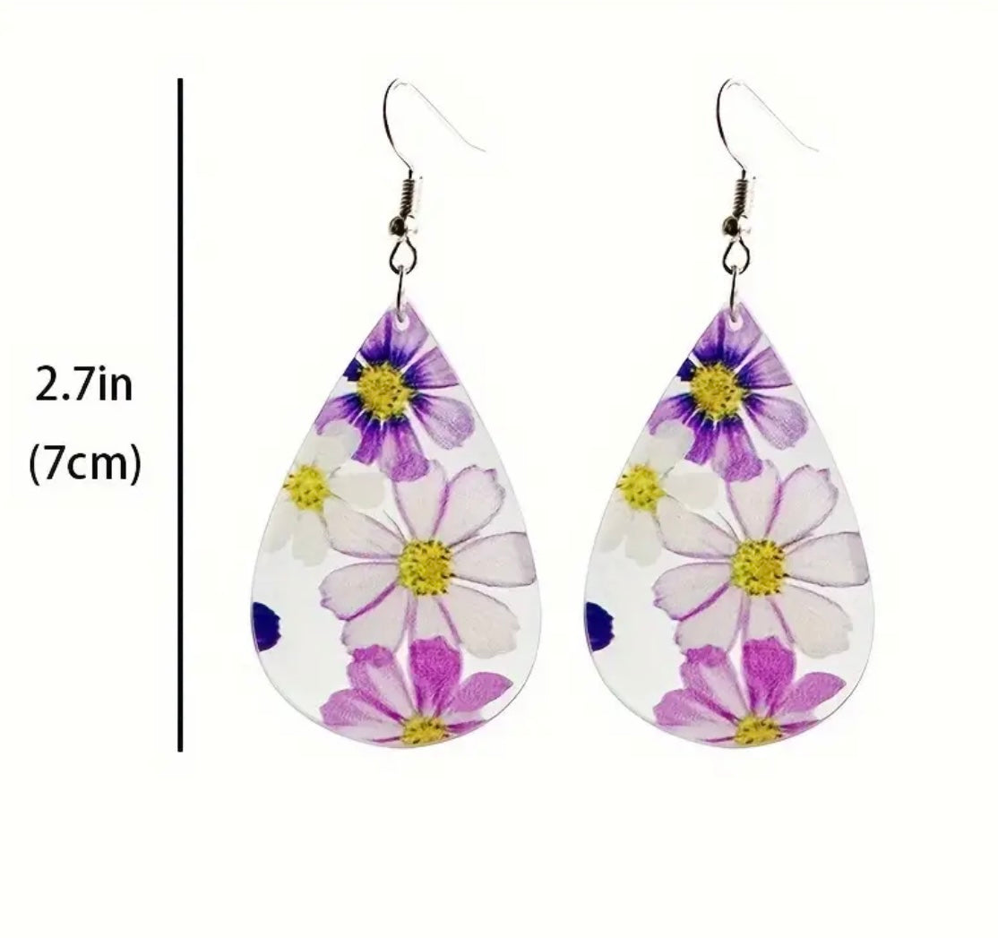 Droplet Shape Flower Pattern Dangle Earrings