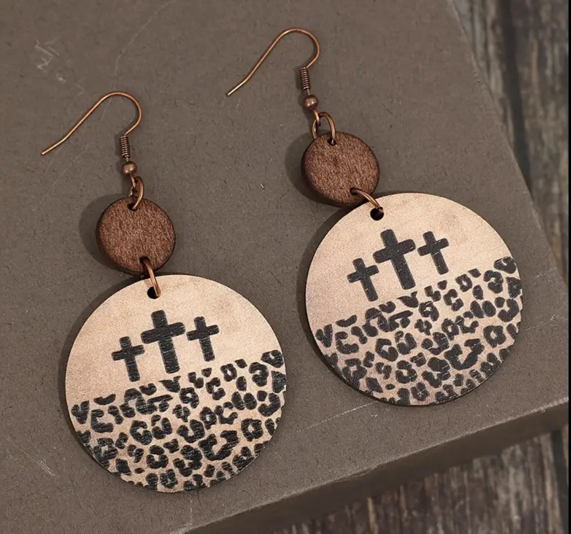 Beautiful Vintage Leopard Wooden 3 Cross Earrings