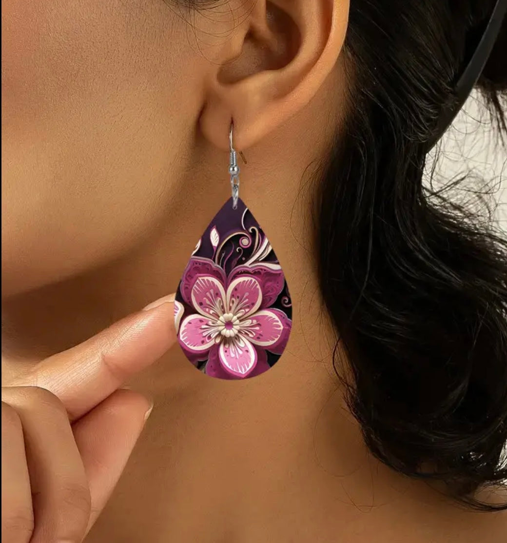 Beautiful Pink Flower Leather Earrings