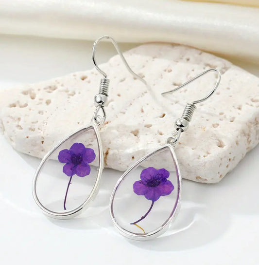 Beautiful Transparent Resin Water Drop Purple Dried Flower Earrings