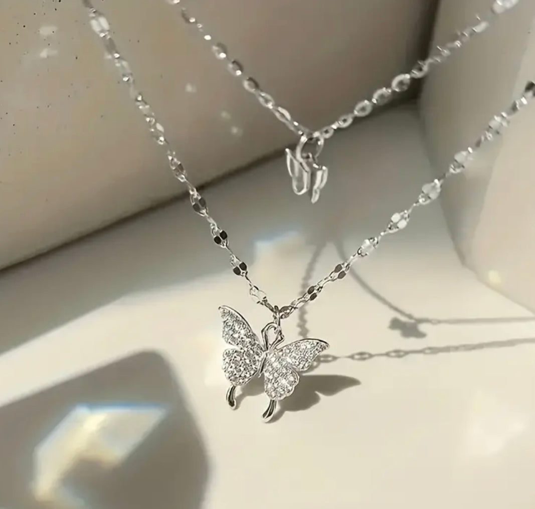 Beautiful Double Layer Butterfly Necklace- Silver and Gold