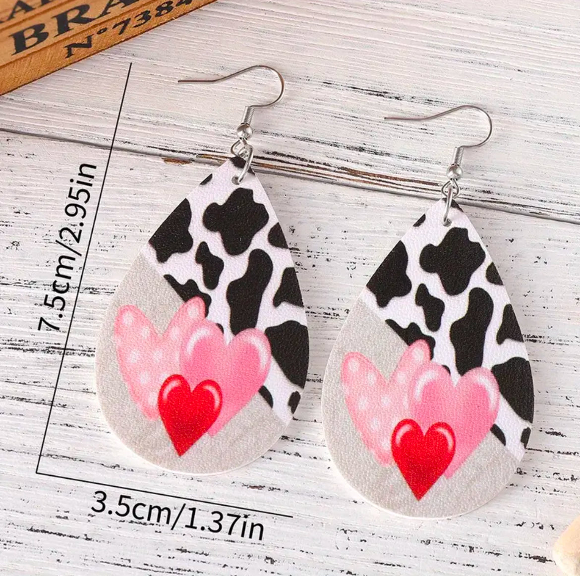 Beautiful Dangle Heart and Cow Print Earrings