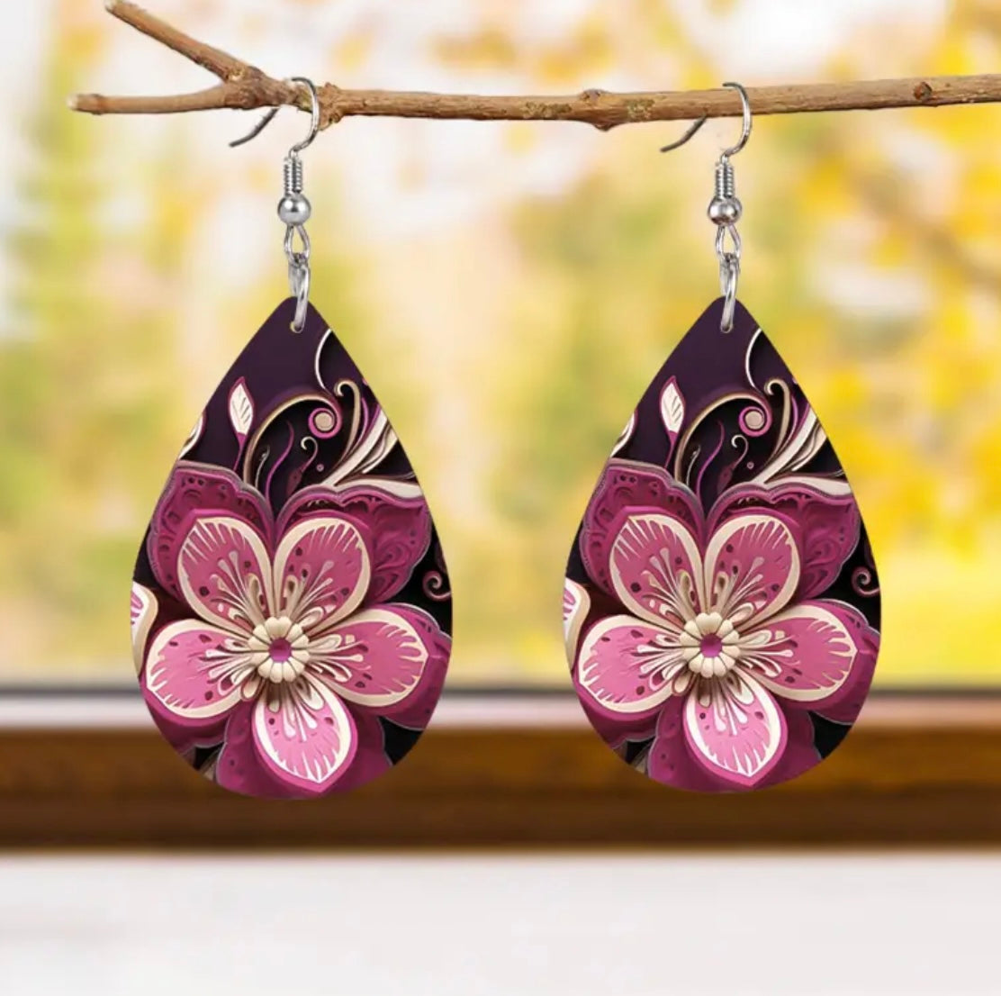 Beautiful Pink Flower Leather Earrings