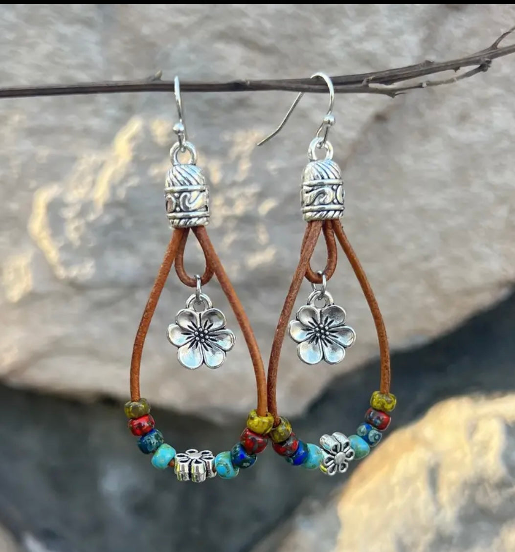 Beautiful Boho Beaded Floral Silver-Plated Hoop Earrings
