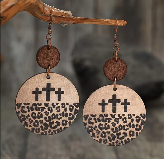 Beautiful Vintage Leopard Wooden 3 Cross Earrings
