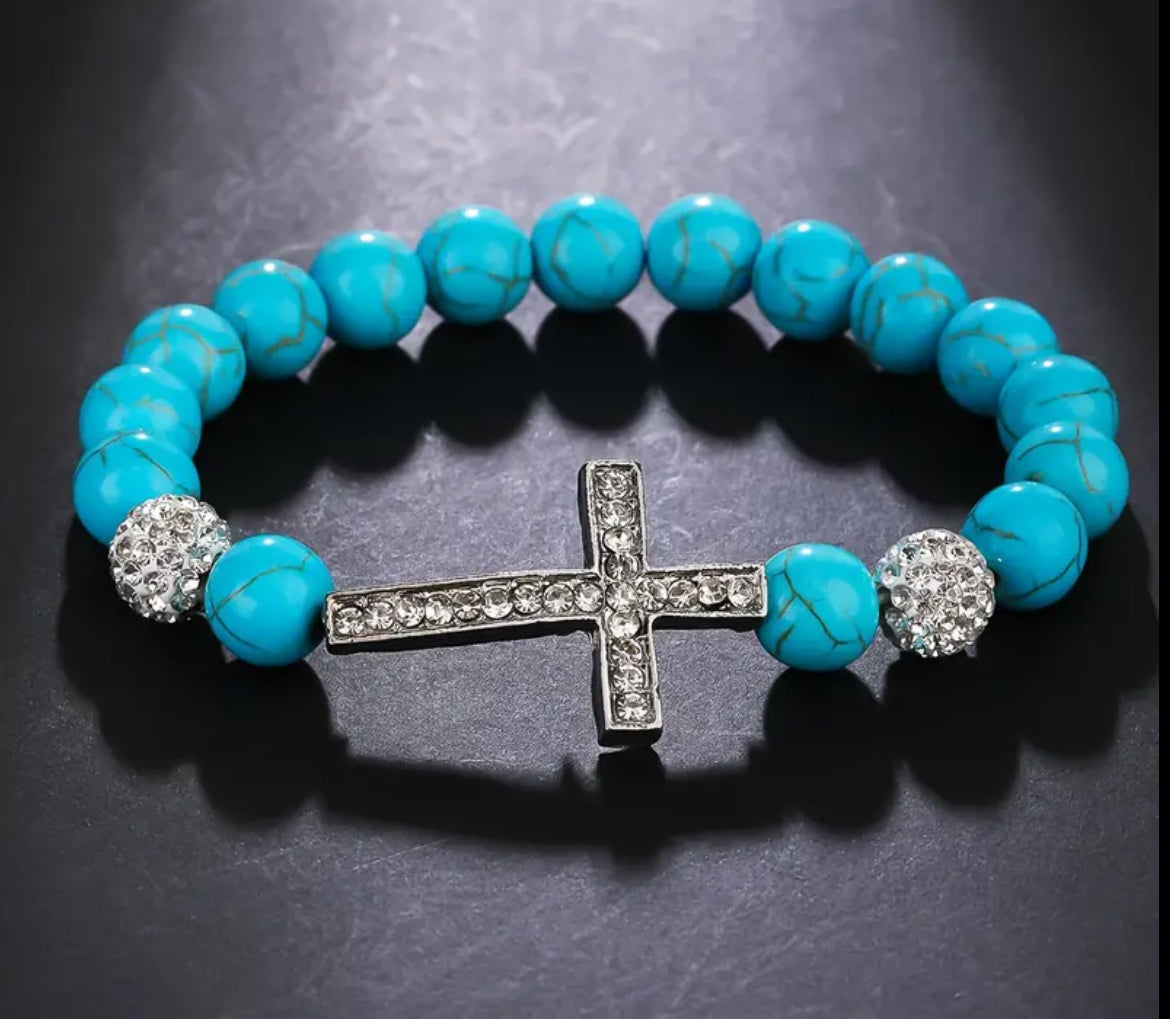 Beautiful Rhinestone Cross &  Turquoise Beaded Elastic Bracelet