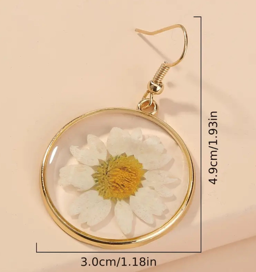 Beautiful White Chrysanthemum Circle Earrings- Gold or Silver