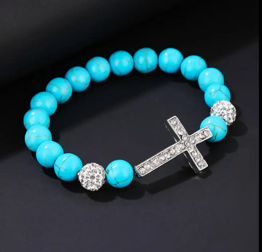 Beautiful Rhinestone Cross &  Turquoise Beaded Elastic Bracelet