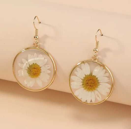 Beautiful White Chrysanthemum Circle Earrings- Gold or Silver