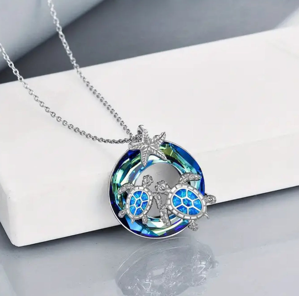 Beautiful 3pcs Sea Turtles And Starfish Round Earrings & Necklace Set