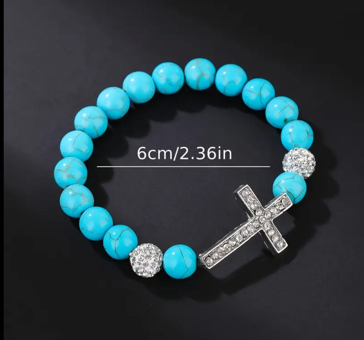 Beautiful Rhinestone Cross &  Turquoise Beaded Elastic Bracelet