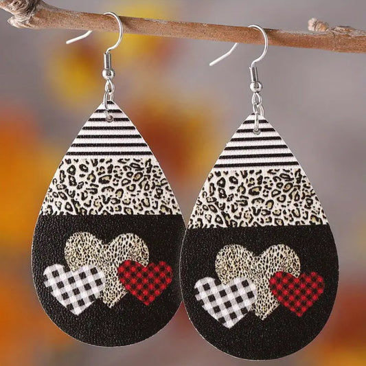 Beautiful Vintage Checkered Leopard Print Heart Drop Earrings