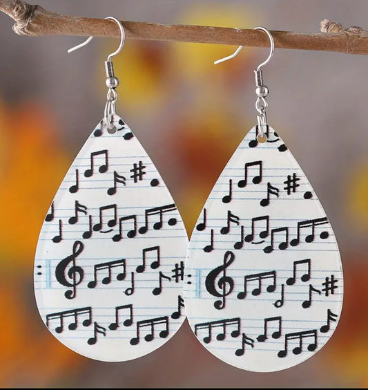 Music Symbol Print Wooden Dangle Earrings
