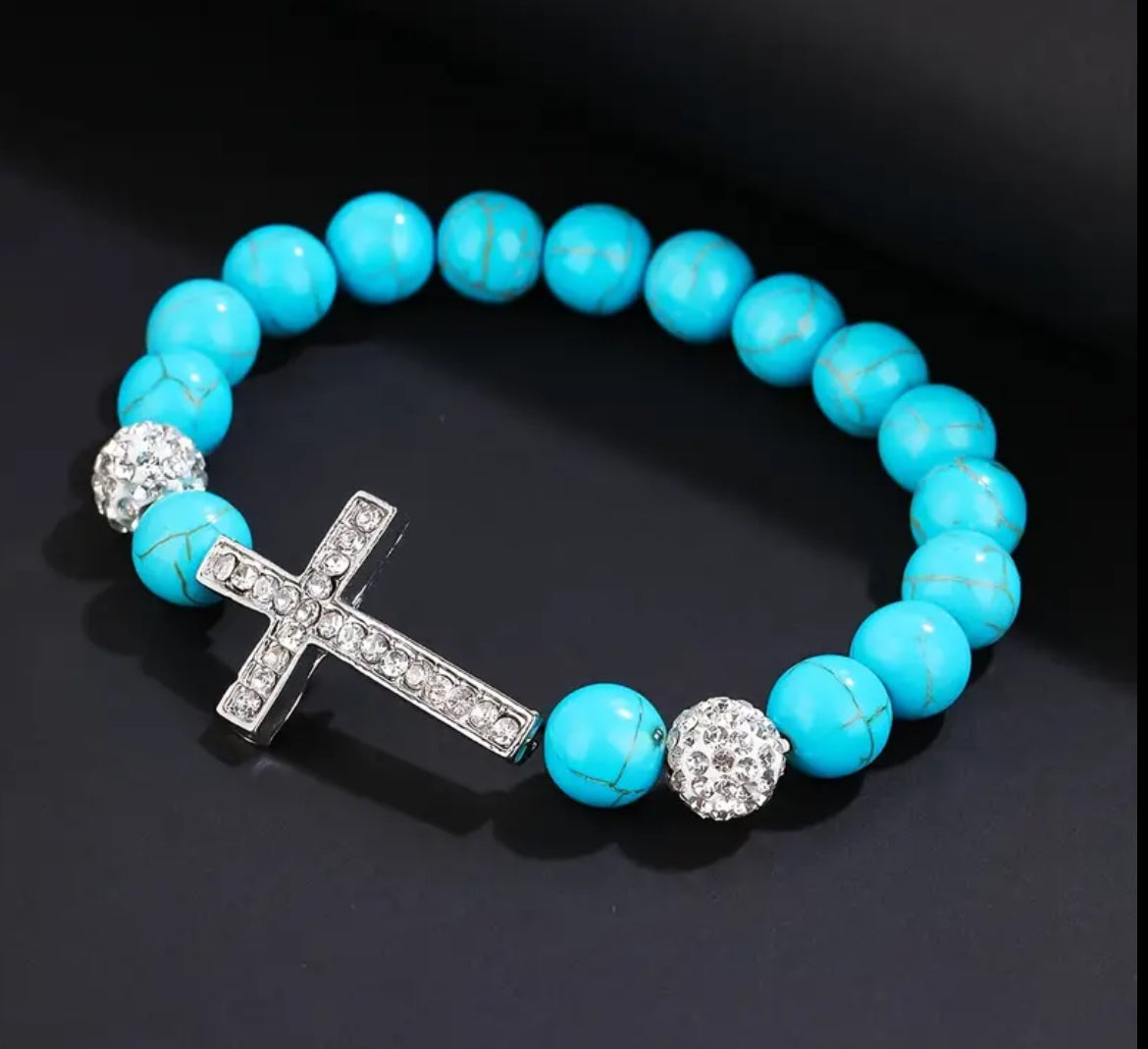 Beautiful Rhinestone Cross &  Turquoise Beaded Elastic Bracelet