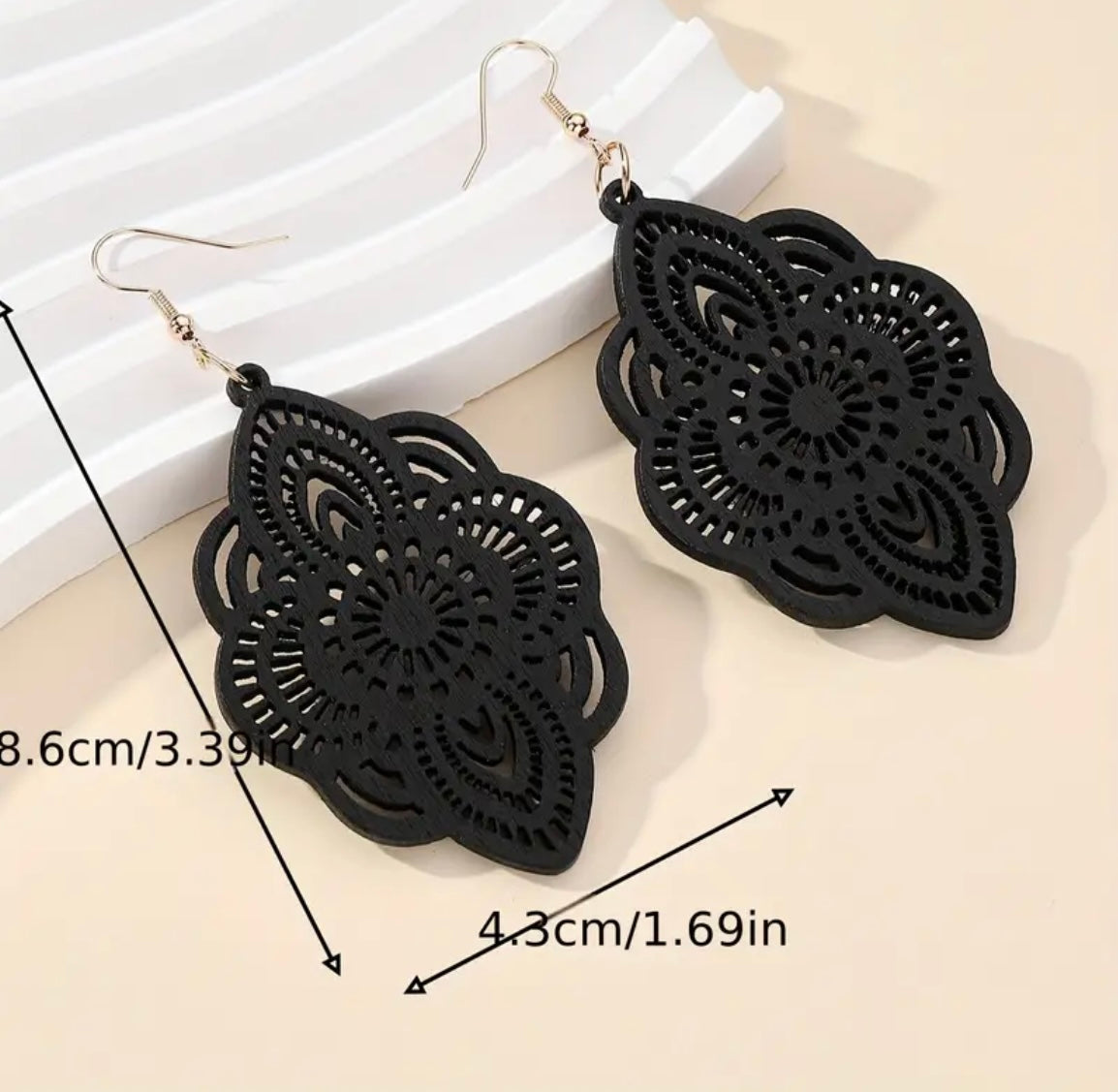 Black Carved Flower Pattern Wooden Dangle Earrings